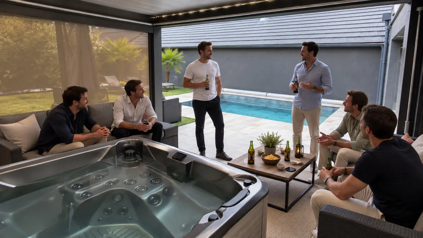 Moment de coh&eacute;sion d'&eacute;quipe au bord du jacuzzi couvert de la villa, la piscine derri&egrave;re