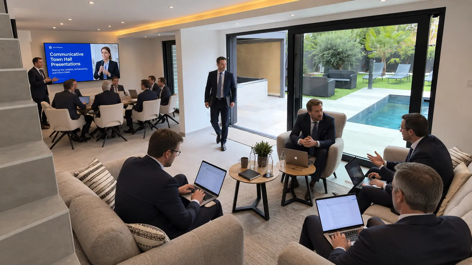 Session de travail dans le salon de la villa, ouvert sur la terrasse et la piscine